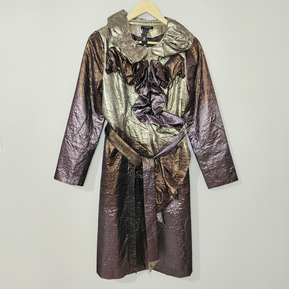 Samuel Dong Small Metallic Gold Brown Belted Formal Trench Coat Dressy Ruffles